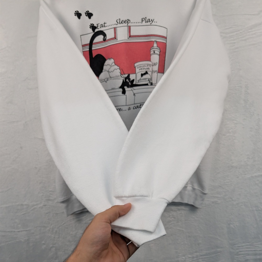 VTG Humor Sweatshirt Men's XL White Cat Graphic Animal Cute Boxy Cartoon 90s - Picture 9 of 12